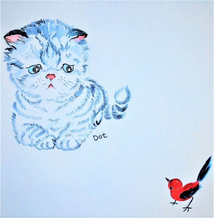 A blue cat and a red bird seem to be communicating with each other