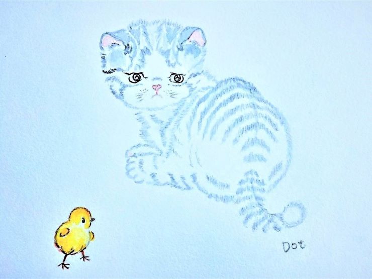 A blue kitten is crouching beside a yellow chicken, but they seem not to be thinking the same thoughts